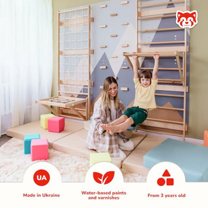 Wood And Hearts 4in1 Modular Swedish Wall Gym Set for Kids Indoor Active Play – Wooden Swedish Ladder with Adjustable Pull-Up Bar, Rope Climbing Wall & Rock Climbing Panels (Base Set + Sit-Up Bar) - style: Base Set + Sit-Up Bar