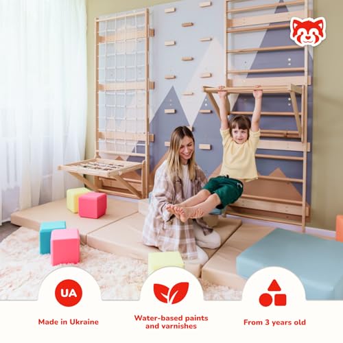 Wood And Hearts 4in1 Modular Swedish Wall Gym Set for Kids Indoor Active Play – Wooden Swedish Ladder with Adjustable Pull-Up Bar, Rope Climbing Wall & Rock Climbing Panels (Base Set + Sit-Up Bar) - style: Base Set + Sit-Up Bar
