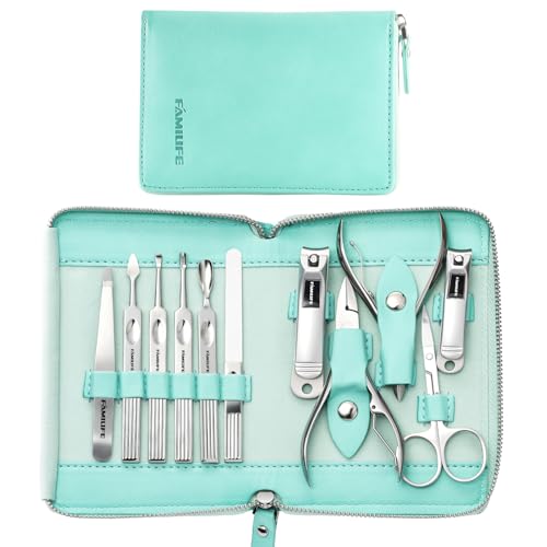 FAMILIFE Manicure Kit for Women, Professional Manicure Set Nail Clippers Set 11 in 1 Stainless Steel Pedicure Tools Nail Kit Men Grooming Tool with Portable Green Travel Case for Home, Travel - color: Green