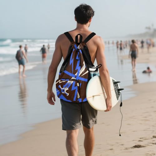 Drawstring Climbing Gym Bag With Water Bottle Holder Drawstring Bags For Men Women with Wet Dry Compartments Abstract Art Lighting Blue Black