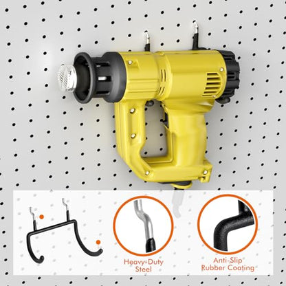 Utility Heavy Duty Pegboard Hooks, 8Pack Peg Board Power Tool Drill Holders | Fit 1/8" 1/4" Peg Holes, Double Arm Peg Board Bracket, Rubber Coated, Large Tool Organizer for Garage Workshop Shed Craftroom - style: 8 Pack