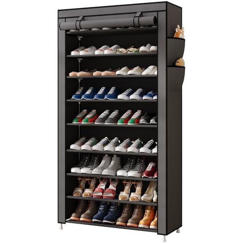 Laiensia 9-Tier Vertical Shoe Rack Organizer, Space Saving Shoe Storage Organizer, Non-Woven Cover Shoe Shelf Holds 36-45Pairs for Bedroom, Hallway, Closet Entryway, Grey - color: Grey, size: 9-tier