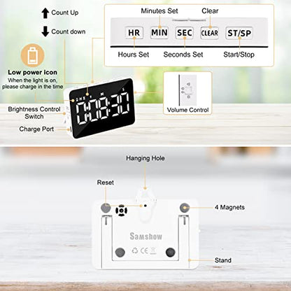 Rechargeable Digital Kitchen Timer for Cooking, Magnetic Timers with Countdown/up, Kids Timer with 5”LED Display 3 Brightness 4 Volume Adjustable for Classroom/Office/Home/Work/Study/Fitness/Game | Countdown/Up, 3 Adjustable Brightness, 4 Adjustable Volum