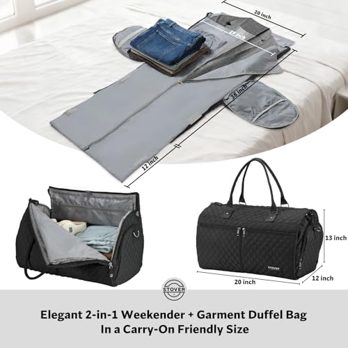 STOVER Women’s Convertible Garment Duffel Bag for Travel – 2-in-1 Carry-On Weekender/Overnight Tote - Wrinkle-Free Dresses, Suits & Clothes + Shoe Compartment & Bonus Toiletry Bag (Onyx Black) - color: Onyx Black