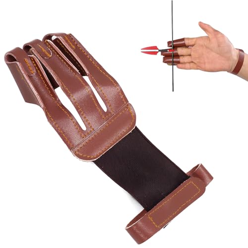 3-Finger Leather Archery Glove, Shooting Finger Guard | Smooth draw feel, reinforced stress zones, lightweight fit, easy on & off, durable wear resistance, fits recurve bow training - color: Brown