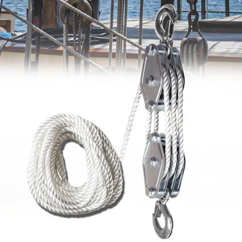 Rope Hoist Pulley System Multifunctional 2200 LBS Breaking Strength | 3/8 Rope for Lifting Hoisting Rigging Garage Shop Hunting Farm Construction Industrial Warehouse Marine Overhead Recovery - color: White