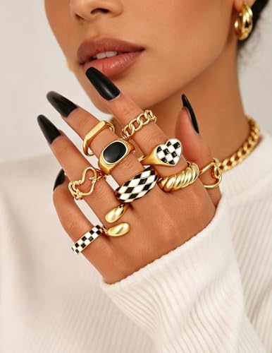 YEEZII Chunky Gold Rings for Women Non Tarnish, 18K Gold Plated Stackable Thumb Ring, Statement Women Rings Set - color: Gold-C