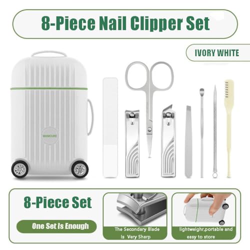 Manicure Set 8 in 1 Stainless Steel, Nail Clippers Scissors Pedicure Tools Kit - Portable Travel Grooming Kit for Men and Women with Mini Travel Box Packaging (White) - color: White