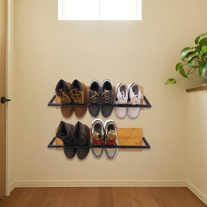 Wall Mounted Shoe Rack Scandinavian Bamboo & Metal Shoe Storage, Space-Saving Organizer for Entryway & Hallway, Fits All Shoe Sizes, Hanging Shoe Rack