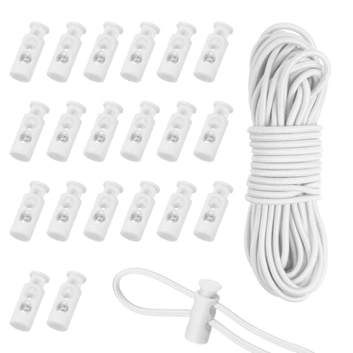 uxcell 20 Pcs Plastic Cord Locks & 16 ft Elastic Cord, Double-Hole Toggles for Drawstrings End Stopper Fastener Slider Toggles Clip for Shoelaces Backpacks Replacement, White - color: White
