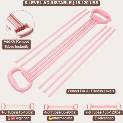 Resistance Bands with Handles for Women & Men | 8 Tube Adjustable Figure 8 Exercise Bands Set, Heavy Duty, Home Gym, Physical Therapy, Strength Training & Full Body Fitness - color: Pink