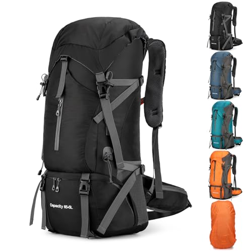 OKYUK 70L Hiking Backpack, Camping Hiking Back Pack, Water Resistant Lightweight Mountain Climbing Bag, Outdoor Camping Sport Daypack with Rain Cover, for Travel, Touring, Cycling (Black, 70L) - color: Black
