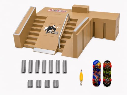 Mnixy 8-in-1 Fingerboard Skate Park Kit with 2 Mini Boards, Ramps and Rails | Includes 2 mini fingerboards, 5 ramp pieces, 18 connectors and screwdriver for building stairs, rails and custom skate parks.