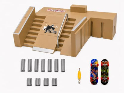 Mnixy 8-in-1 Fingerboard Skate Park Kit with 2 Mini Boards, Ramps and Rails | Includes 2 mini fingerboards, 5 ramp pieces, 18 connectors and screwdriver for building stairs, rails and custom skate parks.
