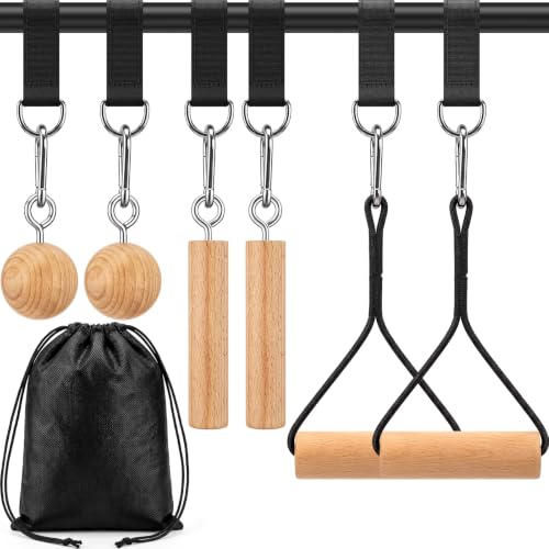 6 Pcs Pull up Grip Stick Set Wooden Rock Climbing Training Grips with Hanging Straps Strong Carabiner for Obstacle Course