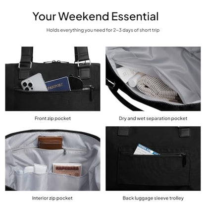 Travel Duffle Bag for Women,40L Weekender Bags Airline Approved Carry On with Shoe Compartment & Waterproof Wet Pocket, Durable Nylon Weekender Overnight Bag for Travel, Gym, Business Trip, Black - color: Black