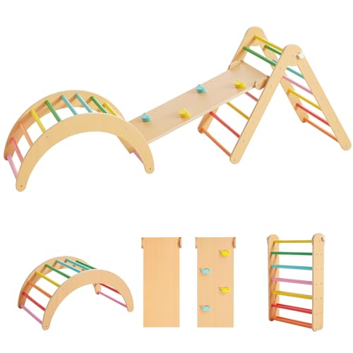 Beright 4 in 1 Pikler Triangle Gym, Montessori Foldable Climber with Ramp, Indoor Climbing Toys for Kids, Climbing Triangle for Toddlers Arch Climber, Rocker, Learning Waldorf Children Toy, Rainbow - color: Colored