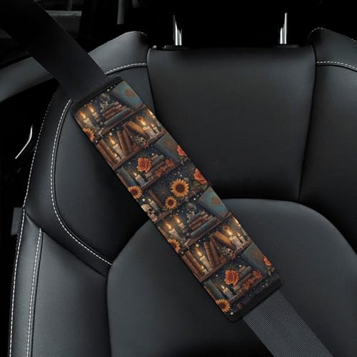2 Pack Halloween Bookshelf Skulls Spooky Book Lovers Car Seat Belt Pad Soft Padded Automotive Seat Belt Protector for Child, Stroller Pushchair High Chair, Shock Absorption - color: Pattern 1231