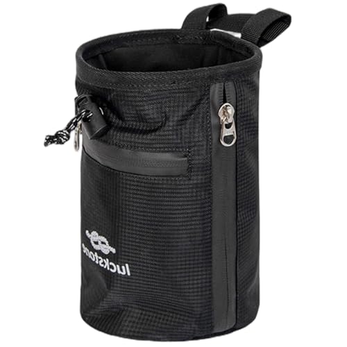 Climbing Chalk Bag 5x7.5 Fleece-Lined Waterproof 420D Oxford Chalk Bag with 24-43" Waist Drawstring Brush & Zipper Pockets for Men Women