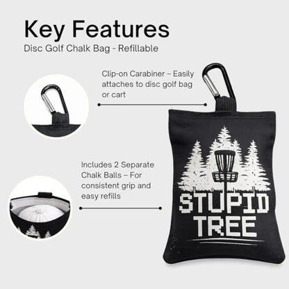 Refillable Disc Golf Chalk Bag with Carabiner, 2 Chalk Balls Included – Grip Bag for Dry Hands & Consistent Release, Frisbee Golf Accessory - style: Stupid Tree – Black