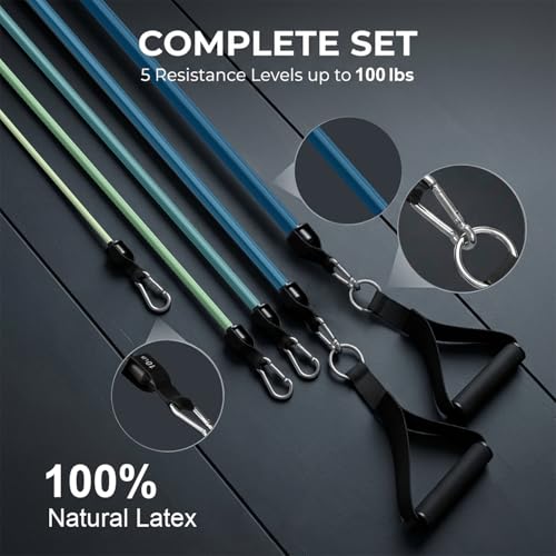 VEICK Resistance Bands with Handles, Ankle Straps, Door Anchor | Accredited Lab Certified, 100% Natural Latex, Cushioned Handles, Versatile for Yoga, Pilates, Strength, Home Gym - color: Blue 100LBS