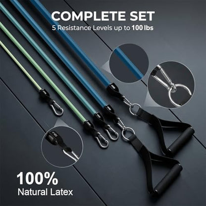 VEICK Resistance Bands with Handles, Ankle Straps, Door Anchor | Accredited Lab Certified, 100% Natural Latex, Cushioned Handles, Versatile for Yoga, Pilates, Strength, Home Gym - color: Blue 100LBS