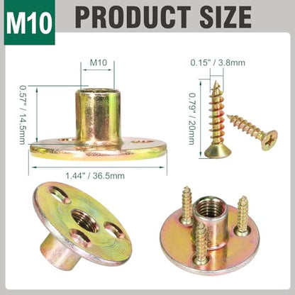 FoDau770 M10 Brad Hole T-Nut with Screws, Zinc Plated Carbon Steel 3-Hole T-Nuts, Insert Female Thread Mounting Fastener for Wood Furniture and DIY Project - 16 Set (64 Pieces) - size: M10