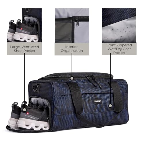 Vooray Boost Duffle Bag - 23L Small Gym Bag for Men and Women with Shoe Compartment, Key Clip, Water Bottle Pocket, Lightweight Travel Duffel for Sports, Training, Overnight Use (Camo Mesh) | Compact Duffle Bag for Sports, Travel, Shoe Compartment, Water