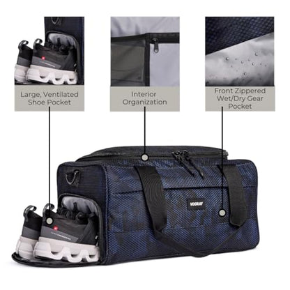 Vooray Boost Duffle Bag - 23L Small Gym Bag for Men and Women with Shoe Compartment, Key Clip, Water Bottle Pocket, Lightweight Travel Duffel for Sports, Training, Overnight Use (Camo Mesh) | Compact Duffle Bag for Sports, Travel, Shoe Compartment, Water