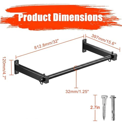 Wall Mount Pull Up Bar, Fits 16", 24" & 32" Studs, Supports 500 Lbs | Adjustable Mounting Spacing, with Round Rings, Heavy-Duty Steel Construction, for Home Gym Garage Basement Strength Training