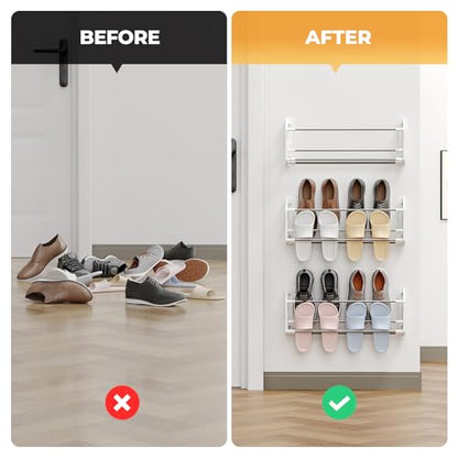 Hanging Shoe Rack,3 Pack Wall Mounted Shoe Rack with Adhesive Slim Shoe Shelf Hanging Organizer Holds 12 Pairs of Shoes Space Saving for RV Camper Entryway White