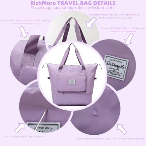 Large Capacity Foldable Travel Bag, Expandable lightweight Carry on Bag, Dry with Wet Separation Spor Duffel Bags (Purple) - color: Purple