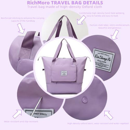 Large Capacity Foldable Travel Bag, Expandable lightweight Carry on Bag, Dry with Wet Separation Spor Duffel Bags (Purple) - color: Purple