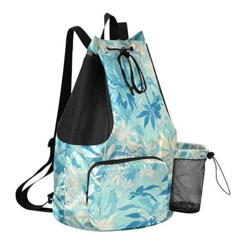 GuoChe Drawstring Backpacks Gym Swim Bag With Inside Pockets Pull String Bag Waterproof Climbing Pale Turquoise Leafs - color: Climbing Pale Turquoise Leafs