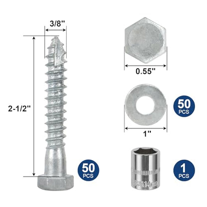 3/8" x 2-1/2" Lag Screws Bolts with Washers(50Pcs) | Hot Dip Galvanized Hex Head Lag Screws, Heavy Duty Lag Bolts for Wood, TV Mounts, Deck, Boat Repair - size: 3/8x2-1/2in