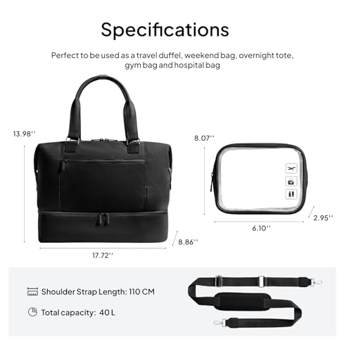 Travel Duffle Bag for Women,40L Weekender Bags Airline Approved Carry On with Shoe Compartment & Waterproof Wet Pocket, Durable Nylon Weekender Overnight Bag for Travel, Gym, Business Trip, Black - color: Black