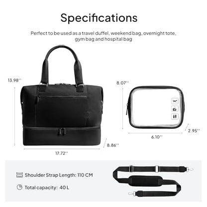 Travel Duffle Bag for Women,40L Weekender Bags Airline Approved Carry On with Shoe Compartment & Waterproof Wet Pocket, Durable Nylon Weekender Overnight Bag for Travel, Gym, Business Trip, Black - color: Black