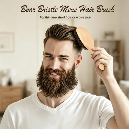 100% Boar Bristle Hair Brush for Thin Fine Hair, Shine & Frizz Control | Handmade Wooden Slick Back Brush Gently Smooth Polish Dry Damaged Hair for Women & Men, Minimize Flyaways, Reduce Breakage