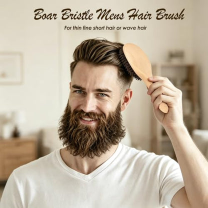 100% Boar Bristle Hair Brush for Thin Fine Hair, Shine & Frizz Control | Handmade Wooden Slick Back Brush Gently Smooth Polish Dry Damaged Hair for Women & Men, Minimize Flyaways, Reduce Breakage