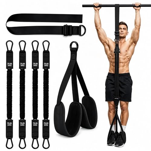 Pull Up Assistance Bands with Foot and Knee Support, Adjustable Pull Up Assist System with 4 Heavy Duty Resistance Bands, Strength Training Equipment for Men and Women, Suitable for Horizontal bar - color: black
