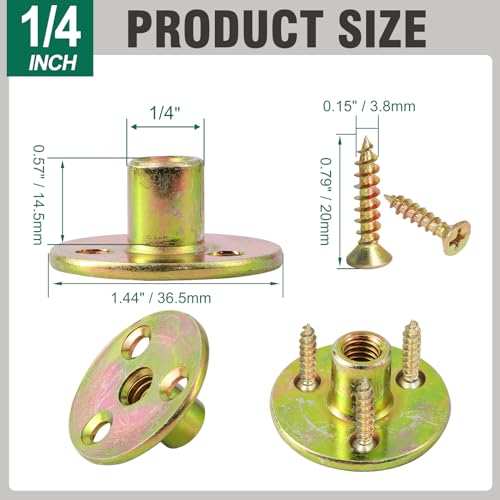 FoDau770 1/4"-20 Brad Hole T-Nut with Screws, Zinc Plated Carbon Steel 3-Hole T-Nuts, Insert Female Thread Mounting Fastener for Wood Furniture and DIY Project - 16 Set (64 Pieces) - size: 1/4"-20