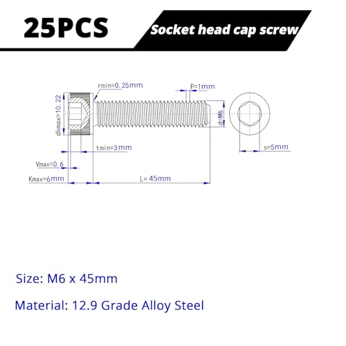 M6-1.0 x 45mm Socket Head Cap Screws Cap Bolts, 12.9 Grade Alloy Steel Black Oxide, Allen Socket Drive, Machine Full Thread, 25 PCS (8mm-80mm Available) - size: M6x45mm(25PCS)
