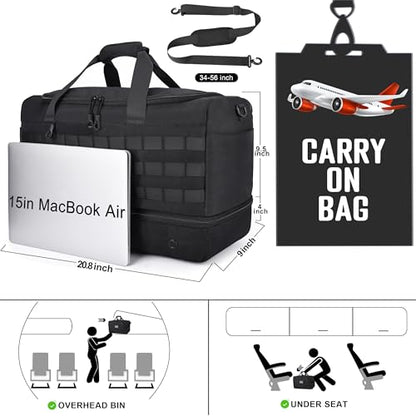 MOZETO Black Duffle Bag for Men, 45L Carry On 22x14x9 Travel Duffle with Shoe Compartment Tactical Inspired Heavy Duty GYM Overnight Bag Wet-Dry Separated Compartment