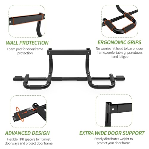 NOWAKE New Version Multi-Grip Pull up bar For Doorway,330lbs Heavy Duty 47.3 Inch Extra Width Portable Functional Ergonomic Design Door Frame Pull Up Bar With USA Patent For Home Gym Exercise