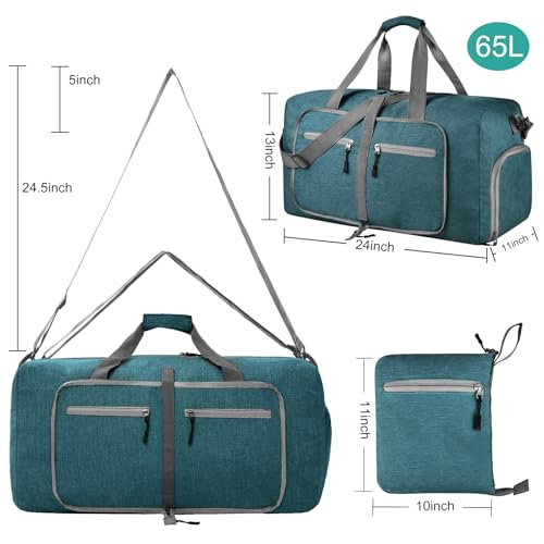 Dimayar 65L Foldable Duffle Bag, Travel & Weekender, Overnight, Gym | Lightweight, Carry-on, Packable, Waterproof & Tear Resistant, Travel Duffel Bag with Shoes Compartment for Men Women - color: Green, size: 65L