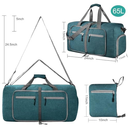 Dimayar 65L Foldable Duffle Bag, Travel & Weekender, Overnight, Gym | Lightweight, Carry-on, Packable, Waterproof & Tear Resistant, Travel Duffel Bag with Shoes Compartment for Men Women - color: Green, size: 65L