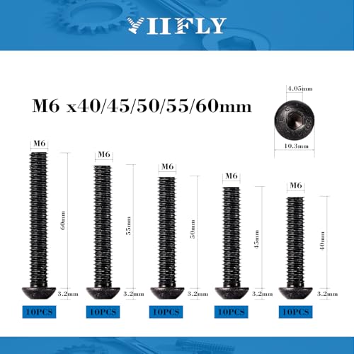 M6-1.0 Button Head Socket Cap Bolts Screws - 40/45/50/55/60mm Length Kit, 10.9 Grade Alloy Steel, Allen Drive, Black Oxide Finish, Full Thread, 50-Piece Set - size: 12.9-Button-M6-40-60mm