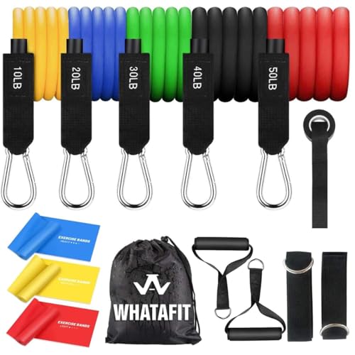 WHATAFIT Resistance Bands with Handles, 5-Level Exercise Bands for Workout | Natural latex,10-50 lbs, stackable to 150,Ankle Straps, Door Anchor,Guide. For Strength, Yoga,Home Gym,Travel & Workout. - color: Chromatic