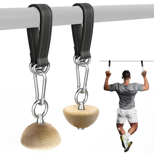 Wooden Grip Balls for Pull-Ups – 2-in-1 Flat Top & Half-Sphere Design – Beech Wood Forearm Strength Trainer with Straps & Metal Clips – for Climbers & Athletes