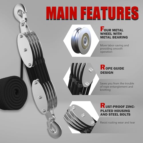 YATOINTO Rope Hoist Pulley System with Metal Bearing Rope Guide, 4400LB Pulley Block and Tackle, 8:1 Ratio Lifting Power 65ft, Heavy Duty Pulley Block for Hunting Lifting Garage Warehouses Building - size: (Anti-tangle)4 Pulley